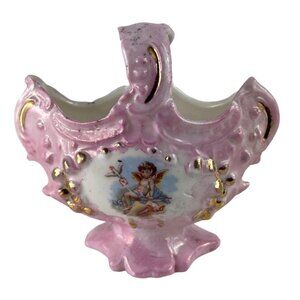 Vintage Cherub Themed Pink & Gold Hand Painted Porcelain Basket